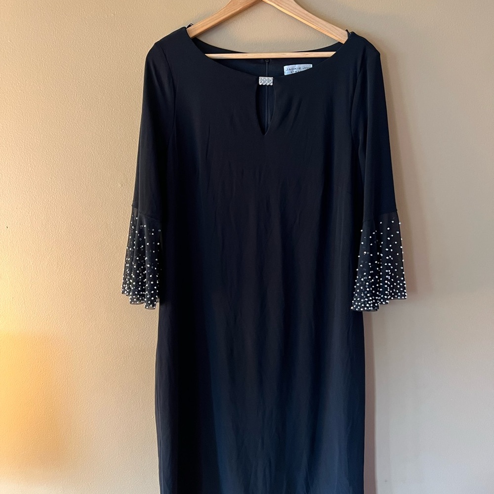 Jackie Jon Boat Neck Circular Flounce Sleeve Zipper Back Jersey Dress